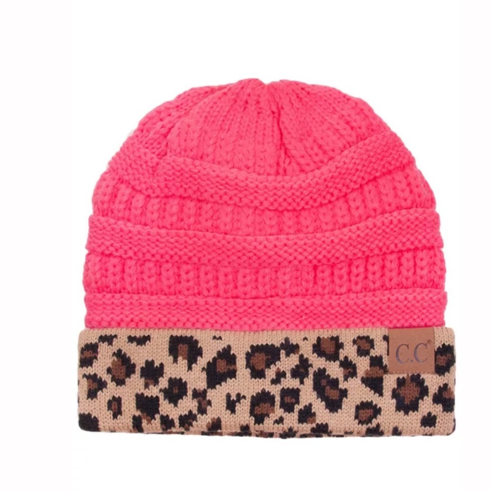 C.C Classic Solid Pink With Leopard Cuff Beanie